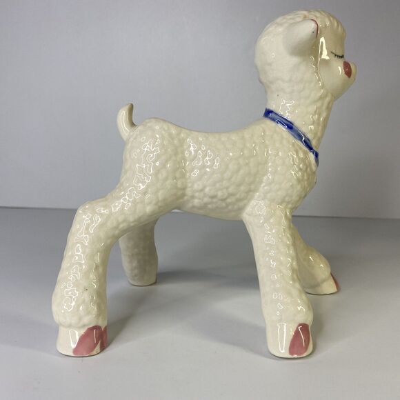 Vintage 8" Ceramic Lamb Planter Long Legs USA Nursery Decor Kitschy Rosy Cheeks - Picture 6 of 12